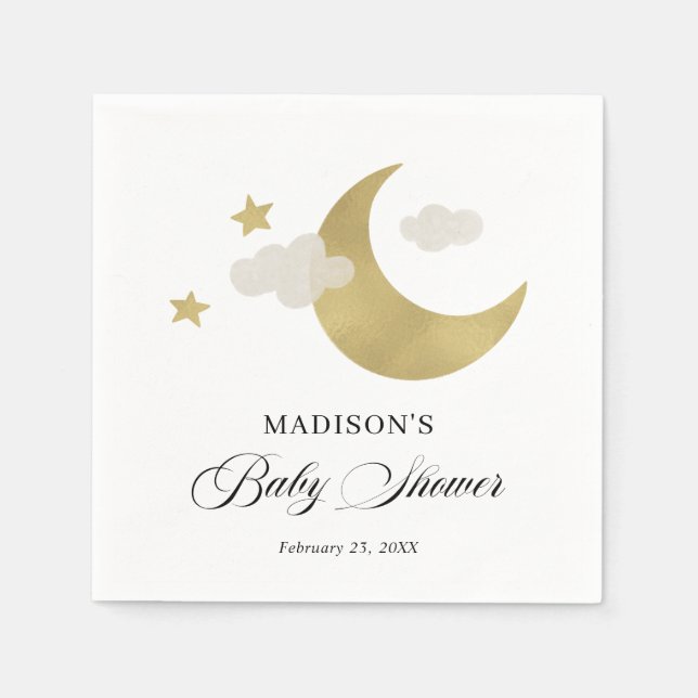 Moon Stars Clouds Fancy Script Baby Shower Napkins (Front)