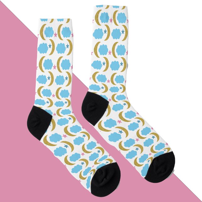 Moon Stars Clouds Faux Gold Glitter Blue Socks (A pair of socks with crescent moons, stars and clouds!)