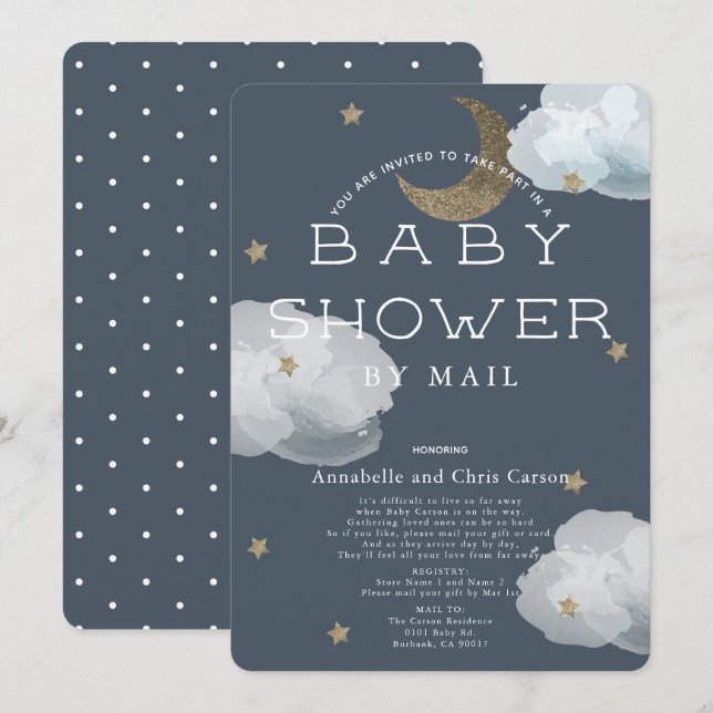 Moon, Stars & Clouds Navy Baby Shower by Mail Invitation (Front/Back)