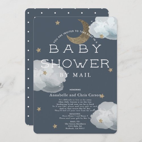 Moon Stars  Clouds Navy Baby Shower by Mail Invitation