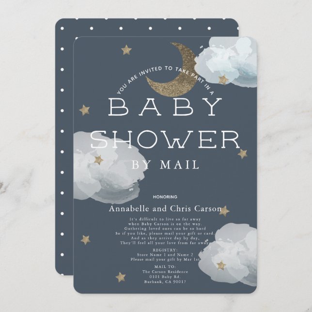 Moon, Stars & Clouds Navy Baby Shower by Mail Invitation (Front/Back)