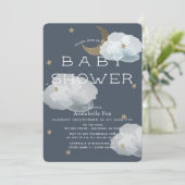 Moon, Stars & Clouds Navy Baby Shower Invitation (Standing Front)
