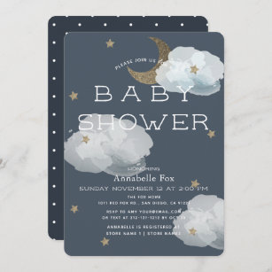 Moon, Stars & Clouds Navy Baby Shower Invitation
