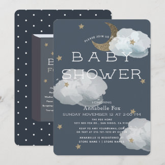 Moon, Stars & Clouds Navy Baby Shower Invitation