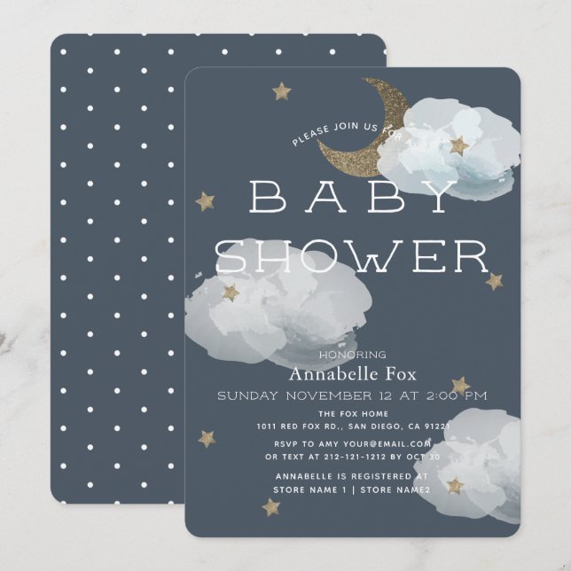 Moon, Stars & Clouds Navy Baby Shower Invitation (Front/Back)