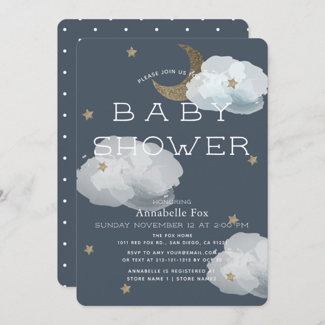 Moon, Stars & Clouds Navy Baby Shower Invitation (Front/Back)