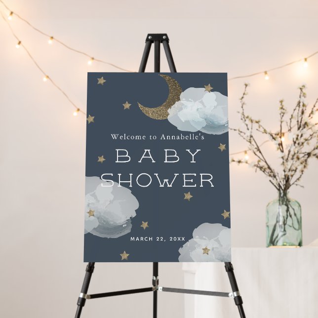 Moon Stars & Clouds Navy Blue Baby Shower Welcome Foam Board (In Situ (Stand))