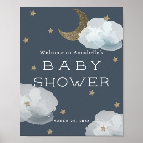 Moon Stars  Clouds Navy Blue Baby Shower Welcome Poster