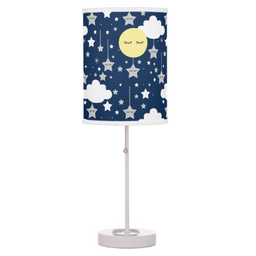 Moon Stars Clouds Navy Blue Gray Baby Boy Nursery Table Lamp