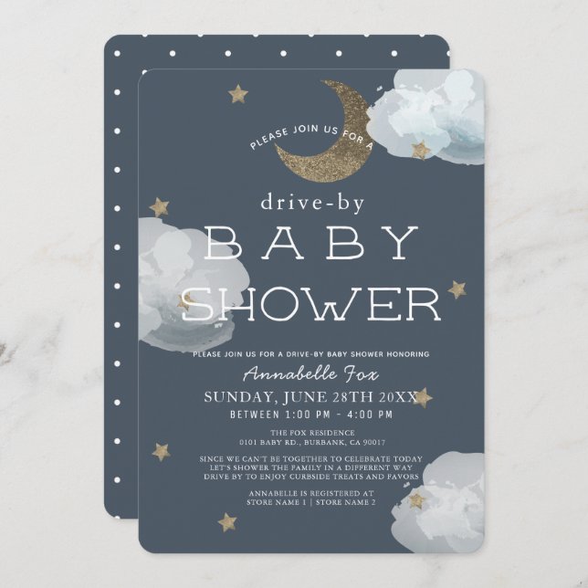 Moon, Stars & Clouds Navy Drive-by Baby Shower Invitation (Front/Back)