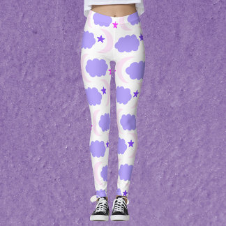 Moon Stars Clouds Pattern Dark Purple Pink Leggings