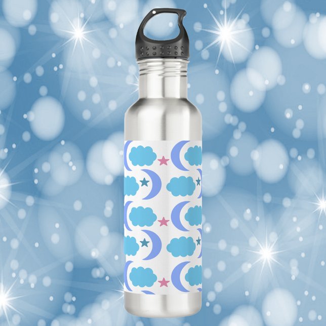 Moon Stars Clouds Purple Blue Pattern Stainless Steel Water Bottle (A water bottle with a pattern of moon, stars and clouds in purple, blue and pink!)