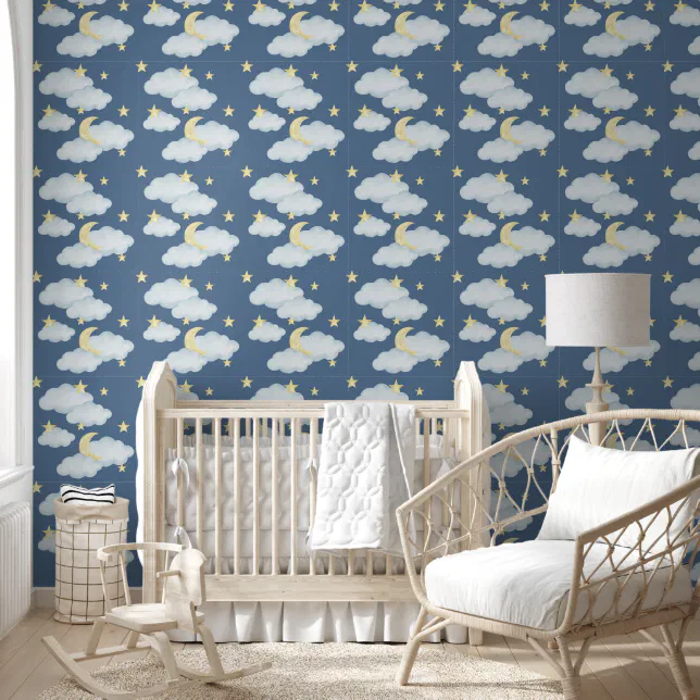 Moon Stars Clouds Sky Neutral Baby Nursery Wallpaper | Zazzle