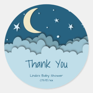 Moon & Stars Dark Blue Thank You Baby Shower Classic Round Sticker