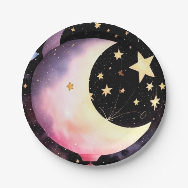 Moon & Stars Dreams: Baby Girl Celestial Shower Paper Plates (Front)