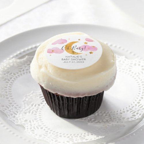 Moon  Stars Edible Frosting Rounds Pink Baby Show