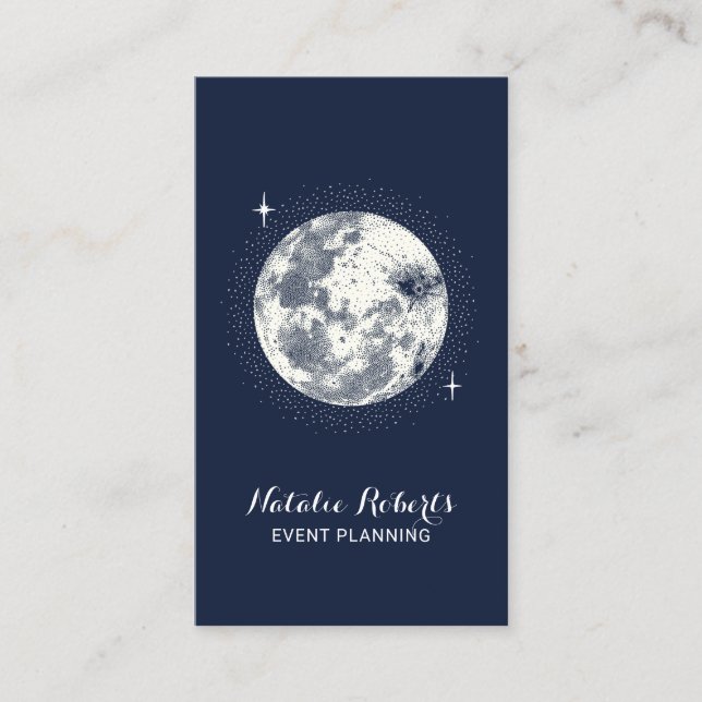 Moon & Stars Elegant Navy Blue Event Planning Business Card (Front)