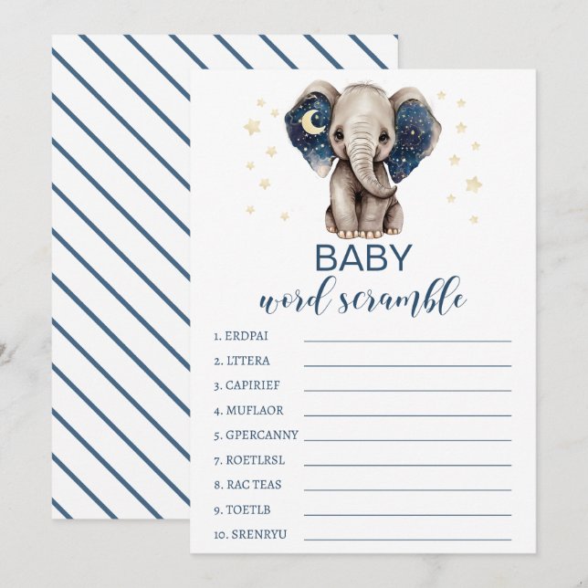 Moon stars elephant baby shower word scramble card (Front/Back)