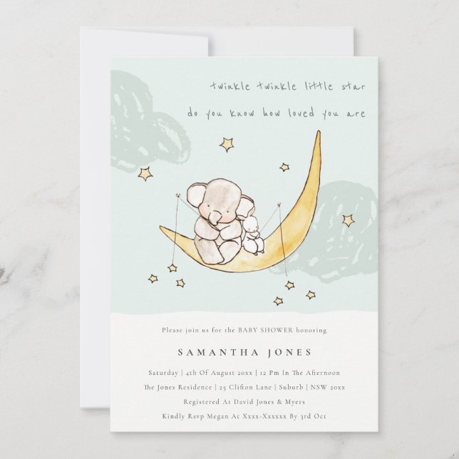 Moon & Stars Elephant Bunny Boy Baby Shower Invite (Front)