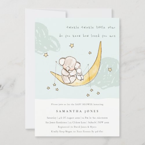 Moon  Stars Elephant Bunny Boy Baby Shower Invite