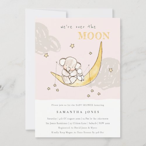 Moon Stars Elephant Bunny Girl Baby Shower Invite