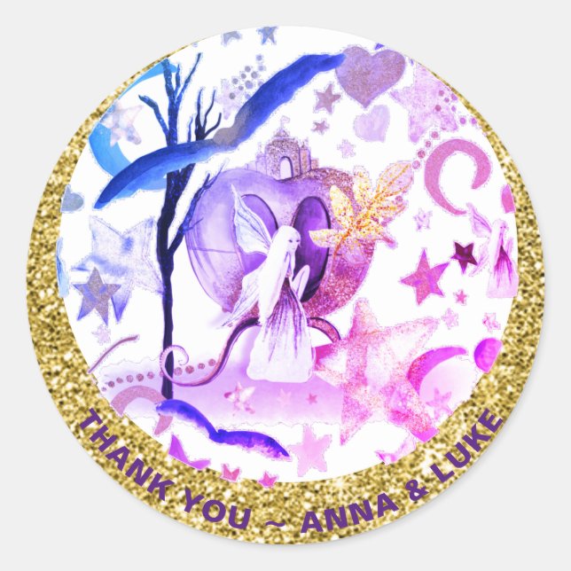 *~* Moon Stars Fairy Tales Glitter Castle Classic Round Sticker (Front)