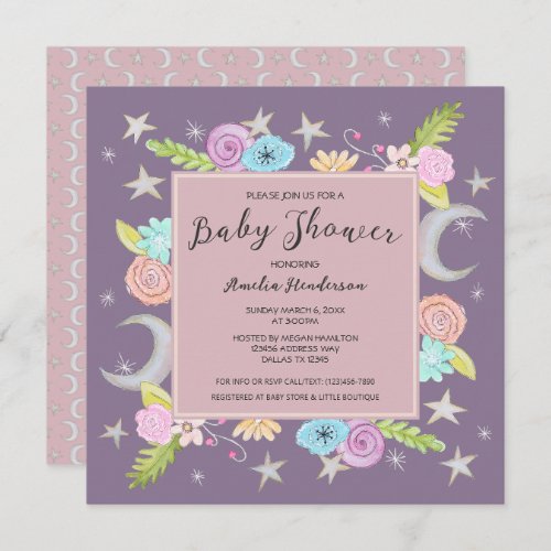 Moon Stars Floral Whimsical Lavender Baby Shower Invitation