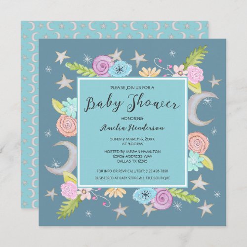 Moon Stars Floral Whimsical Teal Blue Baby Shower Invitation