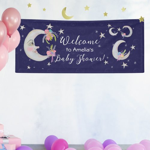 Moon Stars Flowers Navy Peach Baby Shower Welcome Banner