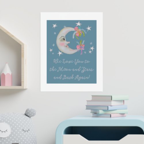 Moon Stars Flowers Teal We Love You Baby Nursery  Foil Prints