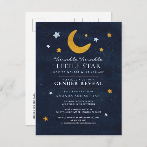 Moon Stars Gender Reveal Couple Navy Blue Invitation Postcard