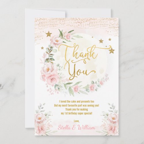 Moon  Stars Girl Birthday Blush Pink Gold Floral  Thank You Card