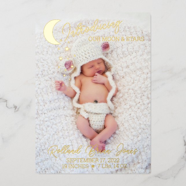 Moon & Stars Gold Foil Photo Birth Announcement (Front)