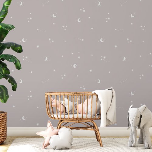 Moon Stars Gray White Baby Nursery Kids Bedroom Wallpaper