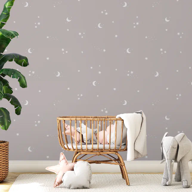 Moon Stars Gray White Baby Nursery Kids Bedroom Wallpaper | Zazzle