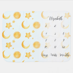Moon Stars Milestone Blue Baby Blanket