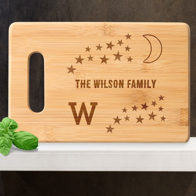 Moon Stars Monogrammed Name Kitchen Food Engraved Cutting Board (A bamboo wood cutting board with monogram initial, personalized name, and stars and moon design)