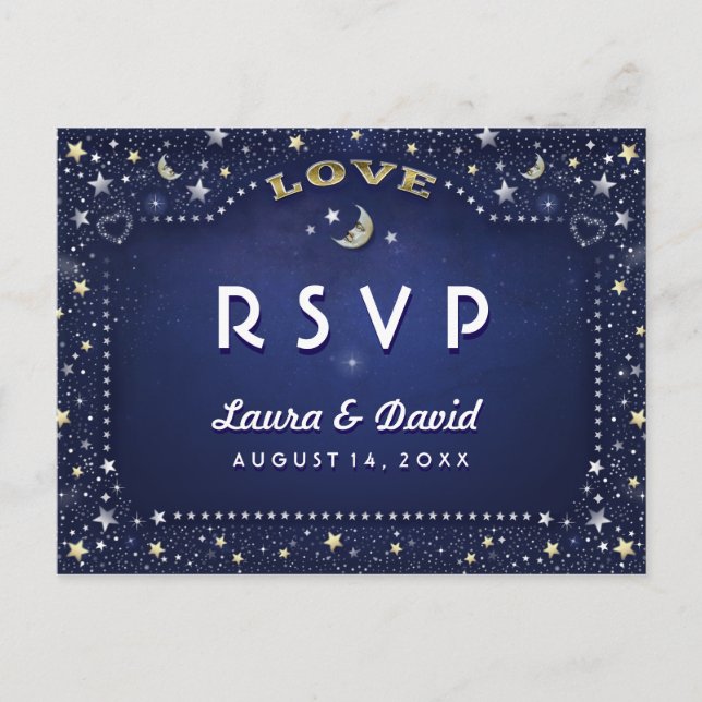 Moon & Stars Navy Blue Gold White Matching RSVP Invitation Postcard (Front)