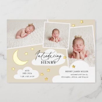 Moon Stars Photo Collage Beige Birth Announcement by NBpaperco at Zazzle