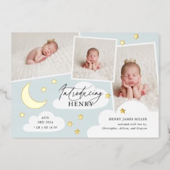 Moon & Stars Photo Collage Blue Birth Announcement by NBpaperco at Zazzle