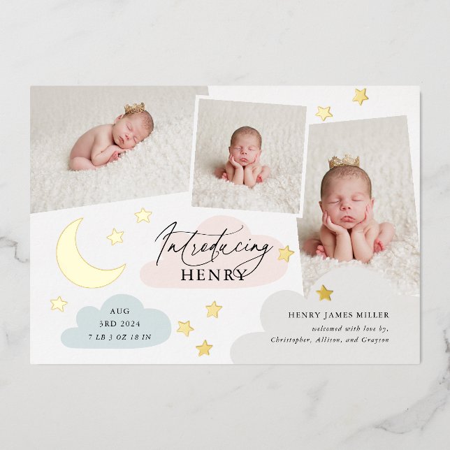 Moon Stars Photo Collage Multi Birth Announcement (Front)