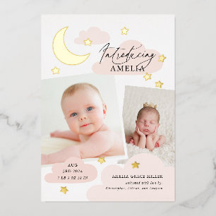 Moon Stars Photo Collage Pink Birth Announcement