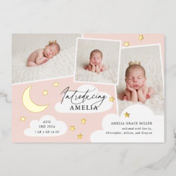 Moon & Stars Photo Collage Pink Birth Announcement by NBpaperco at Zazzle