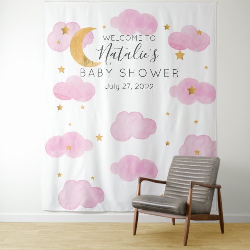 Moon  Stars Pink Baby Shower custom text Tapest Tapestry