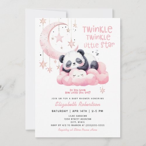 Moon Stars Pink Panda Bear Girl Baby Shower Invitation