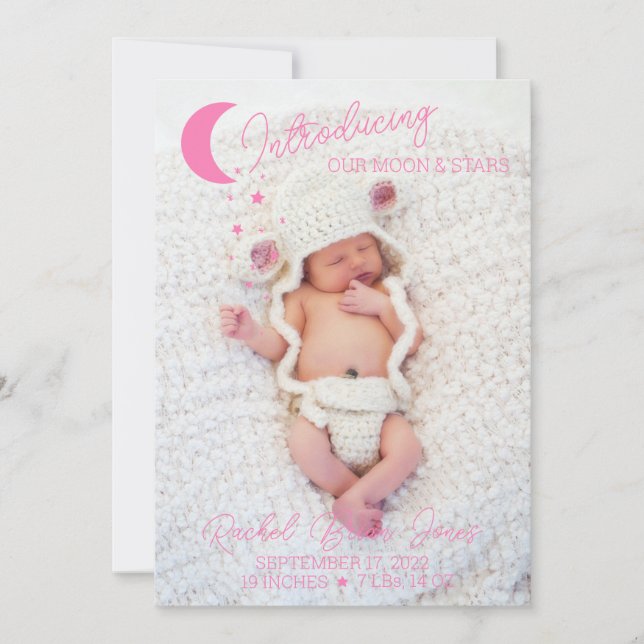 Moon & Stars Pink Photo Birth Announcement  (Front)