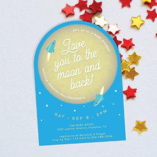 Moon, Stars, & Rockets Teal & Sky Blue Baby Shower Invitation
