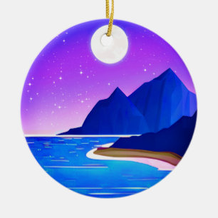 Moon, Stars Sea and Mountains in Violet and Blue Ceramic Ornament