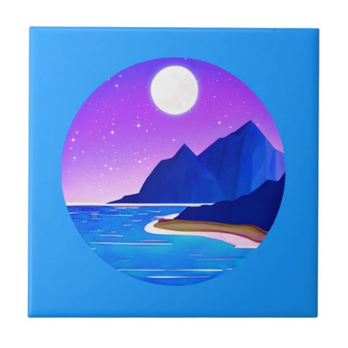 Moon Stars Sea and Mountains in Violet and Blue  Ceramic Tile