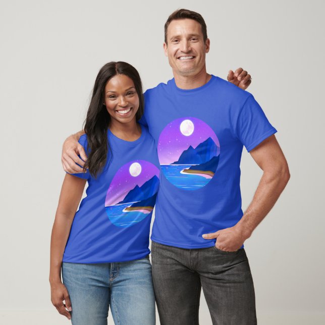 Moon, Stars Sea and Mountains in Violet and Blue T-Shirt (Unisex)
